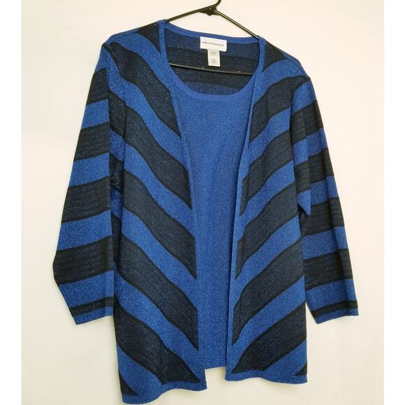 Alfred Dunner Women's Faux Twin Sweater Set Blue Black Metallic Striped Size L - Picture 1 of 9